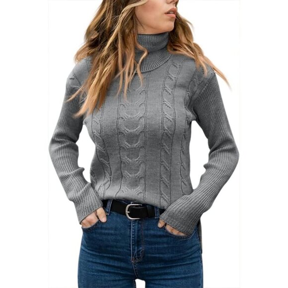 Womens Gray Pull On Cable Knit Turtleneck Long Sleeve Casual Warm Sweaters - Picture 2 of 2